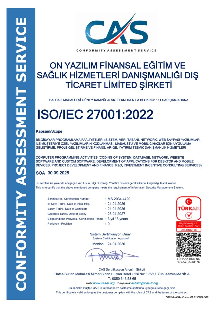ISO/IEC 27001:2022 Bilgi Güvenliği Yönetim Sistemi sertifikası