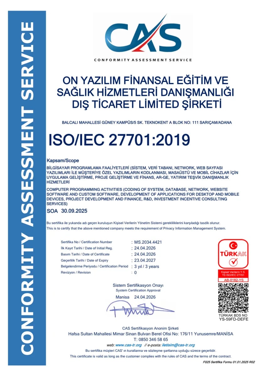 ISO/IEC 27701:2019 Kişisel Verilerin Yönetim Sistemi sertifikası